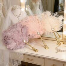 金把手復古仿羽毛扇 - 優雅手持摺疊扇，適用於婚禮、新娘拍照、Cosplay、萬聖節服裝和復古派對裝飾；柔軟羽毛質感，復古風格配有水鑽裝飾，畢業舞會和伴娘的理想配件 - 多色 - 查看 8