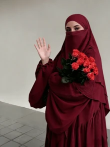 Set de 2 piezas Khimar Hijab + Abaya, ropa musulmana holgada y cómoda adecuada para el uso diario y la oración de las mujeres, aplicable para todas las estaciones - Multicolor - Ver 3