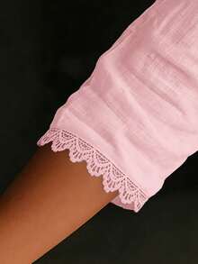Women's Casual V-Neck Lace Trim Blouse - Polyester Woven Solid Color Adult Shirt With Lace Trim, Regular Fit, Spring/Summer Collection Pink - Pink - View 3
