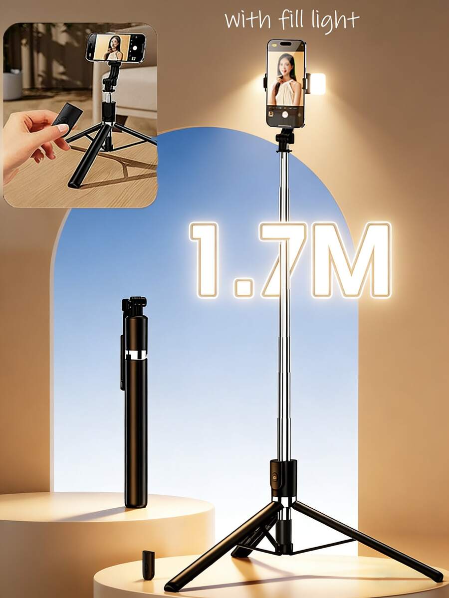 170cm/67in 自拍棒三腳架附補光燈，可伸縮鋁合金三腳架附藍牙遙控器，相容 iPhone 與 Android 智慧型手機，適用於旅行、Vlog、影片拍攝與攝影，附補光燈，相容 iPhone 與 Android 手機，適用於夏季假期、旅行、補光、戶外活動、直播三腳架支架