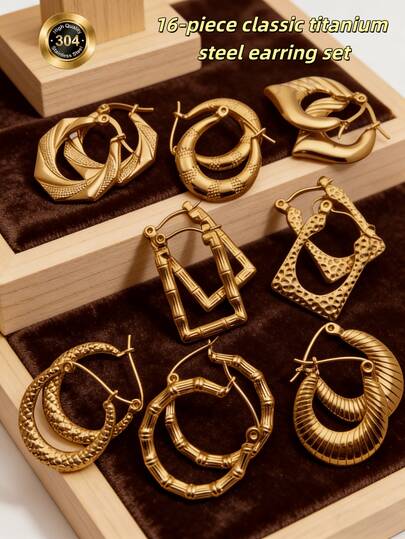 16 piezas Conjunto de pendientes de aro redondos de acero inoxidable con textura en tono dorado exagerado, pendientes minimalistas y sin decoloración para mujeres