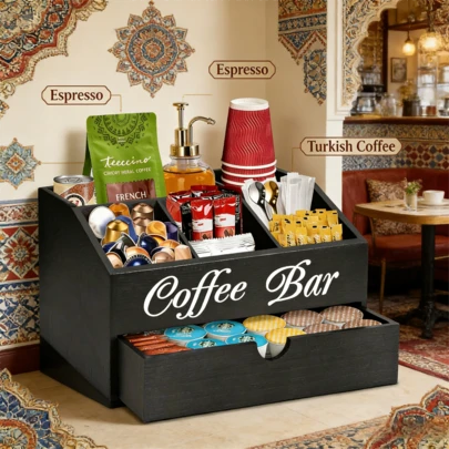 Manovix 农舍风格木质咖啡站收纳架，带抽屉，台面咖啡胶囊篮，多层咖啡吧配件收纳架，适用于咖啡机、厨房和吧台，是送给咖啡爱好者的理想节日/圣诞节/乔迁礼物，也是茶叶和香料的收纳方案，厨房电器收纳架。