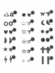 18件套不锈钢耳环套装，男女皆宜，款式包括星星、月亮、花朵、心形、叶子、蛋白石，20G耳骨耳环，低过敏性平底耳钉，适合穿刺佩戴。 - 彩色 - 查看 1