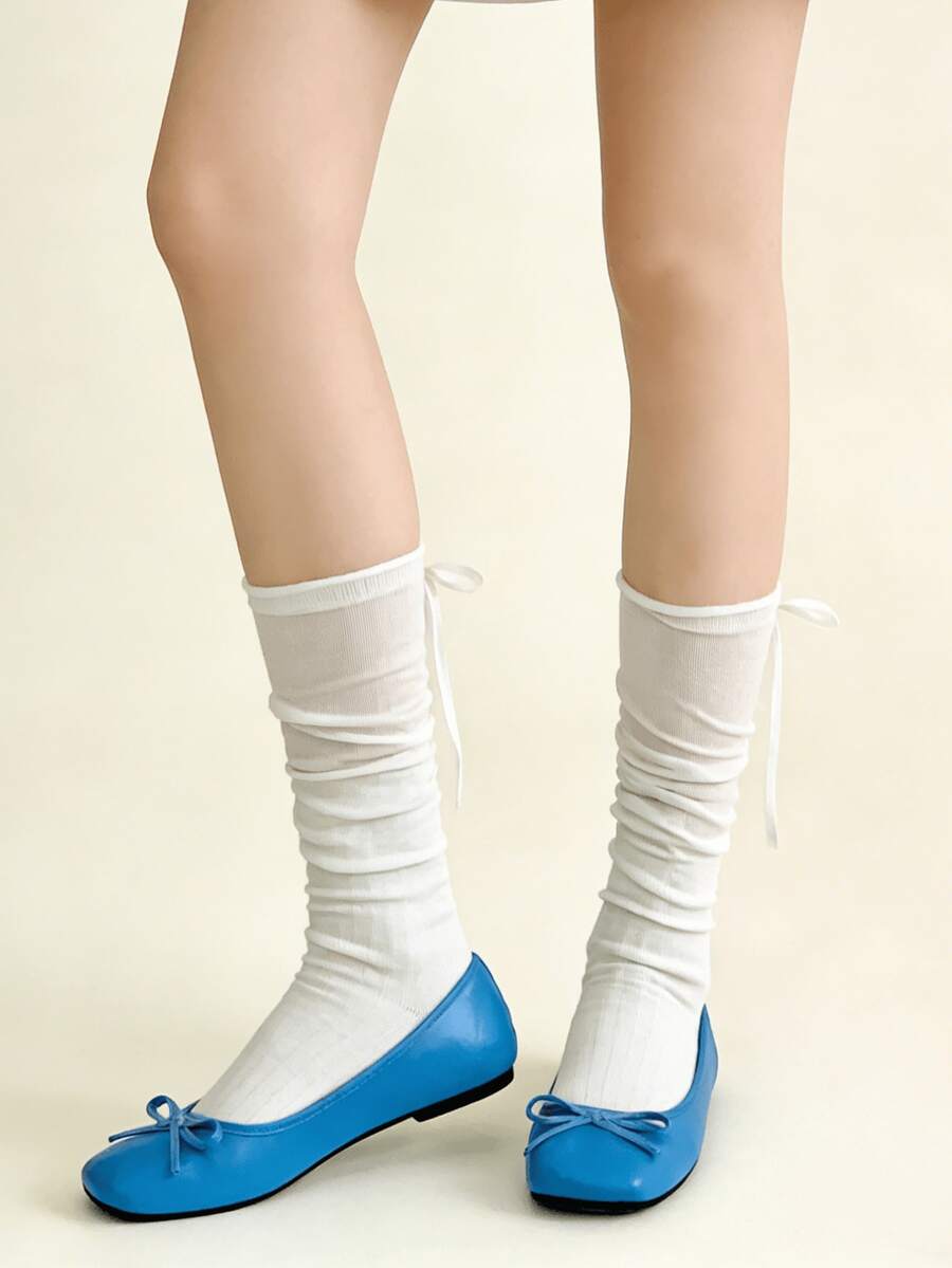 1/2 双春夏新款极简芭蕾舞风格蝴蝶结缎带过膝袜 - 彩色 - 查看 1