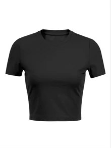 Van Dutch Retro Cursive Script Letter Graphic T-Shirt For Women, Y2K Streetwear Slim Fit Crop Top, Casual Solid Color Crew Neck Short Sleeve Slim Fit Cropped T-Shirt Basic Summer Polyester Top, Versatile Everyday Wear, Perfect Gift For Her - 黑色 - 查看 2