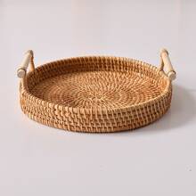 1pc Japanese Round Rattan Woven Storage Tray, Handmade Snack Fruit Bread Bun Display Platter With Handle - Mocha Brown - View 1