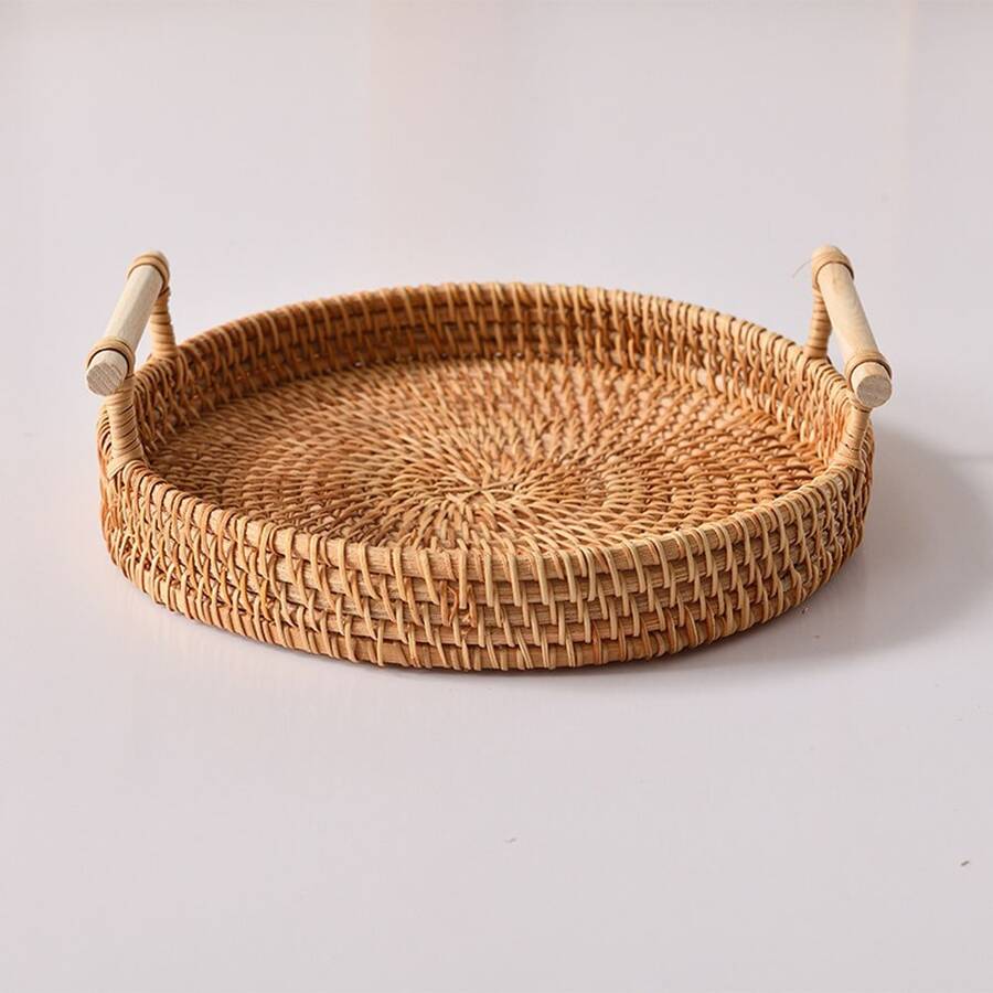 1pc Japanese Round Rattan Woven Storage Tray, Handmade Snack Fruit Bread Bun Display Platter With Handle - Mocha Brown - View 1