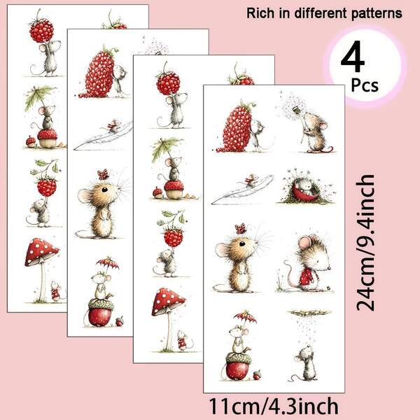 四款趣味老鼠主题UV转印贴纸 - 适用于工艺品、马克杯、笔记本电脑和水瓶，自粘塑料材质，可用于马克杯装饰、笔记本电脑装饰、节日装饰，设计欢快，印刷精美，经久耐用。