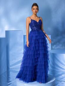 Glamorous Sexy Spaghetti Strap Deep V-Neck Royal Blue Sequin Patchwork Layered Sheer Dress High Slit Maxi Party Evening Gown Wedding Spring - Royal Blue - View 3