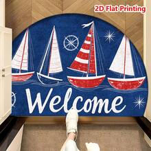 1pc Vintage Ship Welcome Half-Round Doormat | Suitable For Hallway, Bedroom, Kitchen And Laundry Room | Thickened Short Plush Skin-Friendly Material, Anti-Slip And Wear-Resistant, Easy To Clean - Multicolor - View 5