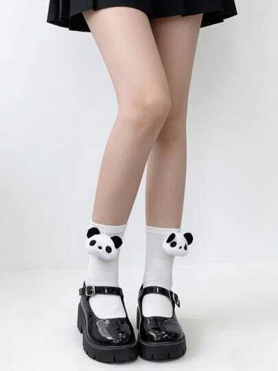1 Pair Cute Panda Head Design Comfortable Mid-Calf Socks, Versatile For Spring/Summer