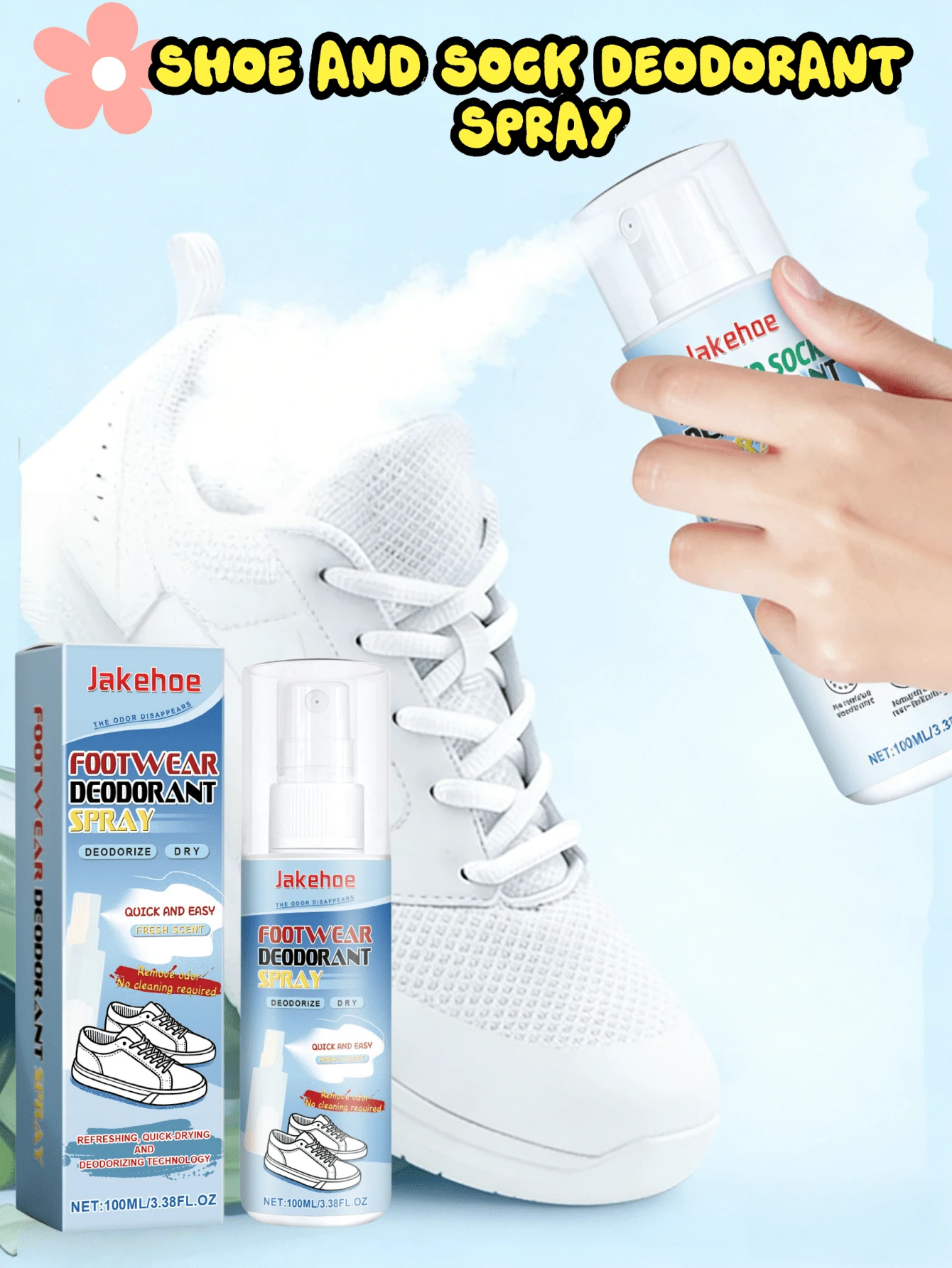 JUE FISH 1 Box 100ml Shoe & Sock Deodorizing Spray, Freshener - Quickly Removes Odor, Keeps Fresh & Dry, Unique Mint Fragrance, Refreshing, Convenient Spray Design. + Deodorizing Insole Pads, Removes Odor, Suitable For All, Multiple Product Options. Essential For Dates, Athletes, Holidays, Back To School, Great Gift For Family & Friends. (Random Shipment Of New & Old Versions)