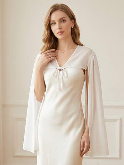 Women's Chiffon Tie-Front Lightweight Long Cardigan With Flowy Sleeves, Suitable For Evening Gowns And Weddings. Elegant Chiffon Shawl For Women, V-Neck Shawl With Flared Sleeves, Suitable For Sleeveless Dresses, Spring/Summer Accessory Lightweight Chiffon Shrug.