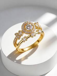 Charm-In Anillo chapado en oro de 18K con diseño de doble halo floral, bandas apilables y acentos de circonita cúbica para joyería nupcial y de boda - Dorado - Ver 1
