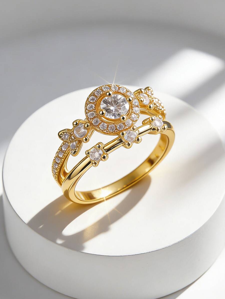 Charm-In Anillo chapado en oro de 18K con diseño de doble halo floral, bandas apilables y acentos de circonita cúbica para joyería nupcial y de boda - Dorado - Ver 1