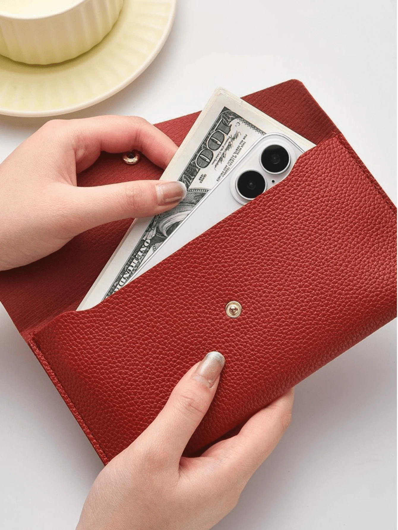 1pc PU Leather Storage Bag, Reusable Cash Wallet, Suitable For Travel And Budget Management, Multi-Functional Bill Wallet Protector, With Envelope Clip And Coin Compartment, Perfect For Stationery Storage, Large Capacity Storage Bag, Back To School Essential - Leather Storage Bag - View 1