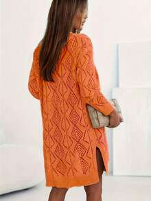 Women's Casual Long Sleeve Solid Color Hollow Out Knit Cardigan - Front Button Design Spring - Orange - View 3