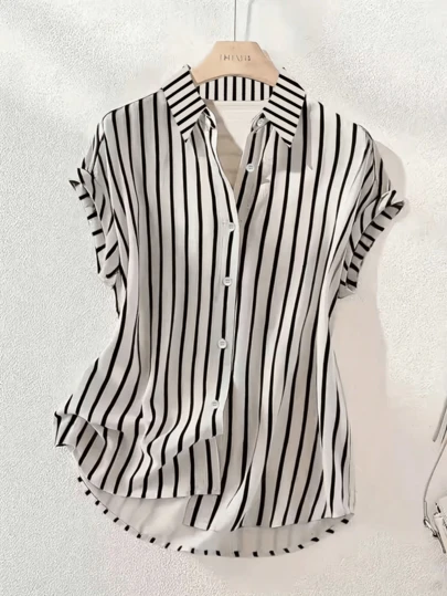 Camisa de mujer de moda con rayas, cuello polo de solapa única, hombros caídos y manga corta, blusa de botones frontales sólidos, camisa casual de oficina con cuello vuelto, ropa de mujer de verano