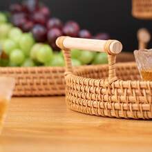 1pc Japanese Round Rattan Woven Storage Tray, Handmade Snack Fruit Bread Bun Display Platter With Handle - Mocha Brown - View 7