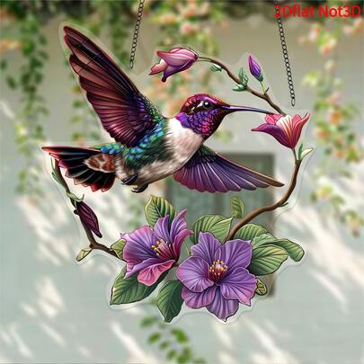 2D亚克力蜂鸟向日葵装饰品 | 春季花园装饰，动物主题塑料挂饰，送给爱鸟人士的独特礼物，乔迁新居及家居装饰灵感