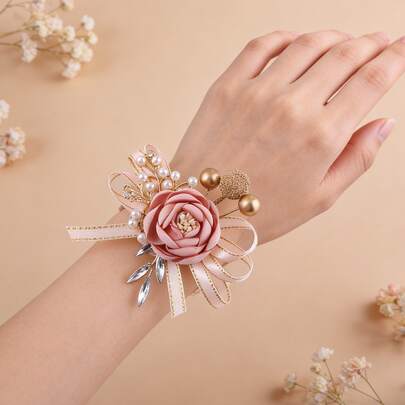 1 cái/6 cái Vòng hoa cài cổ tay cô dâu/phù dâu thanh lịch, ruy băng satin màu hồng lãng mạn, lá vàng hồng, ngọc trai, dây thun co giãn, hoa cài cổ tay, thích hợp cho đám cưới, tiệc tùng, dạ hội, ngày Valentine, tiệc chiêu đãi