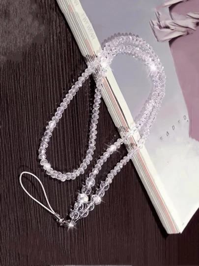 60-70厘米水晶串珠手机挂绳，通用手机挂绳，带金属扣，透明白色闪光，适合日常使用、购物、派对等场合。