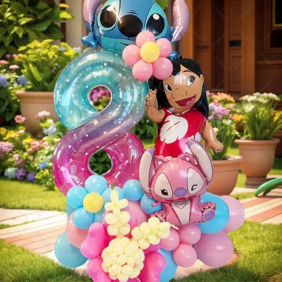 Angel & Stitch Themed Happy Birthday Latex Balloon Set, Cute Cartoon Angel & Stitch Themed Balloons Suitable For Carnival, Wedding, Birthday Decoration, Stitch Themed Party - As Shown In the Figure - View 1