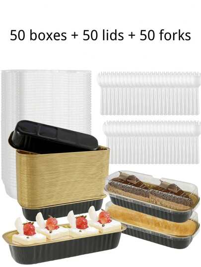 50 piezas Juego de bandejas de hornear de aluminio (incluye 50 bandejas de hornear, 50 tapas y 50 tenedores), también incluye tazas de hornear rectangulares, moldes para magdalenas, bandejas de hornear desechables y un estante para bandejas de hornear mini - Ideal para fiestas, magdalenas, tartas de queso y cupcakes. Disponible en colores dorado/rojo/negro.