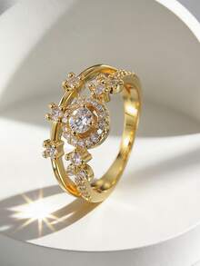Charm-In Anillo chapado en oro de 18K con diseño de doble halo floral, bandas apilables y acentos de circonita cúbica para joyería nupcial y de boda - Dorado - Ver 2