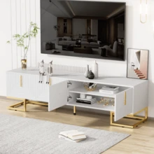 TV-bänk, lågt skåp med texturerad dörrpanel, TV-möbel, guldfärgade handtag och guldfärgade ben - Vitt - Visa 3