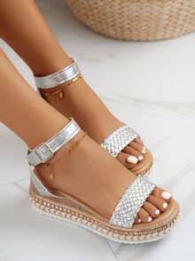 planare Women's Casual Fashionable Woven Round Toe Silver Summer Sandals With Adjustable Strap, Flat Wedge Thick Sole Suitable For Daily, Vacation, Beach Wear - Silver - View 3