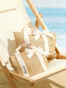 Túi tote đi biển bằng rơm in tên cá nhân dành cho nữ, túi tote cho phù dâu, túi xách đeo vai dung tích lớn, túi đeo vai du lịch mùa hè, quà tặng cho phù dâu. - Nhiều màu - Xem 2