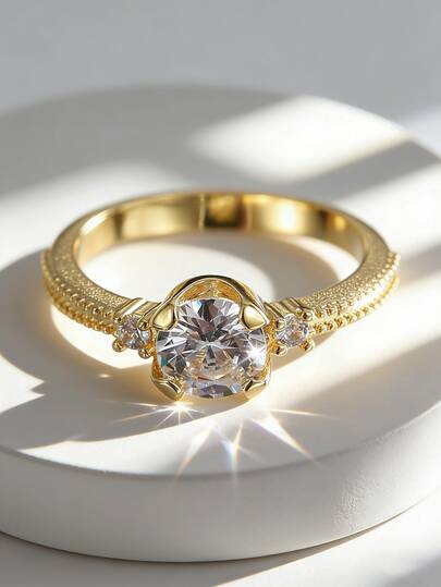 Charm-In Vintage Beaded Shank CZ Solitaire Ring With Side Accent Stones & Milgrain Detail 18K Gold Plated Timeless Promise Ring Bridal Anniversary Gift For Her