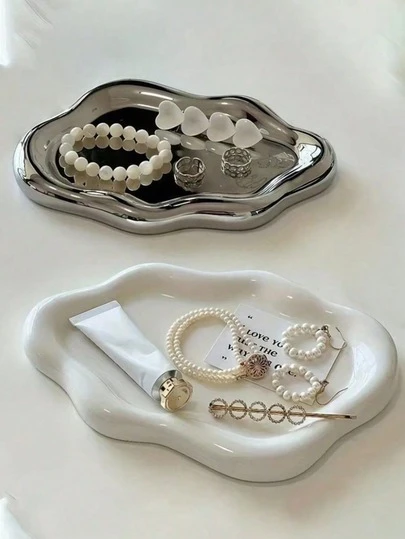 现代首饰收纳托盘 - 白色/镀银 - 优雅项链、手链、耳环展示架 - 耐用ABS树脂梳妆台托盘 - 男女皆宜，生日、婚礼、情人节礼物 - 梳妆台、办公桌、派对装饰 - 简约首饰收纳托盘