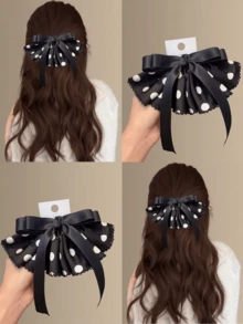 1pc French Polka Dot Bow Ribbon Hair Clip, Satin Hairpin For Updo Hairstyle - Multicolor - View 1