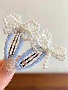 2pcs Cute Faux Pearl Bow Hair Clips, Hollow Beaded Hair Pins For Bangs - Multicolor - View 9