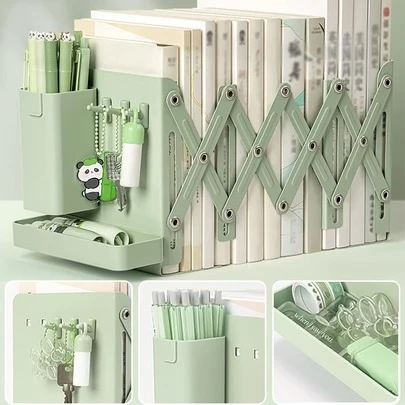1 Set Adjustable Extendable Metal Book Stand, Can Extend Up To 45cm, With 2 Dividers, Non-Slip Durable Heavy-Duty Book Ends, Detachable Pen Holder, Storage Box And 3 Hooks. Non-Slip Durable Desktop Organizer, Suitable For Home, Office, School, Library, Bedroom Desk, Practical Stationery, Great For Students, Teachers, Book Lovers, Fashionable Green Desktop Decor And Desktop Storage