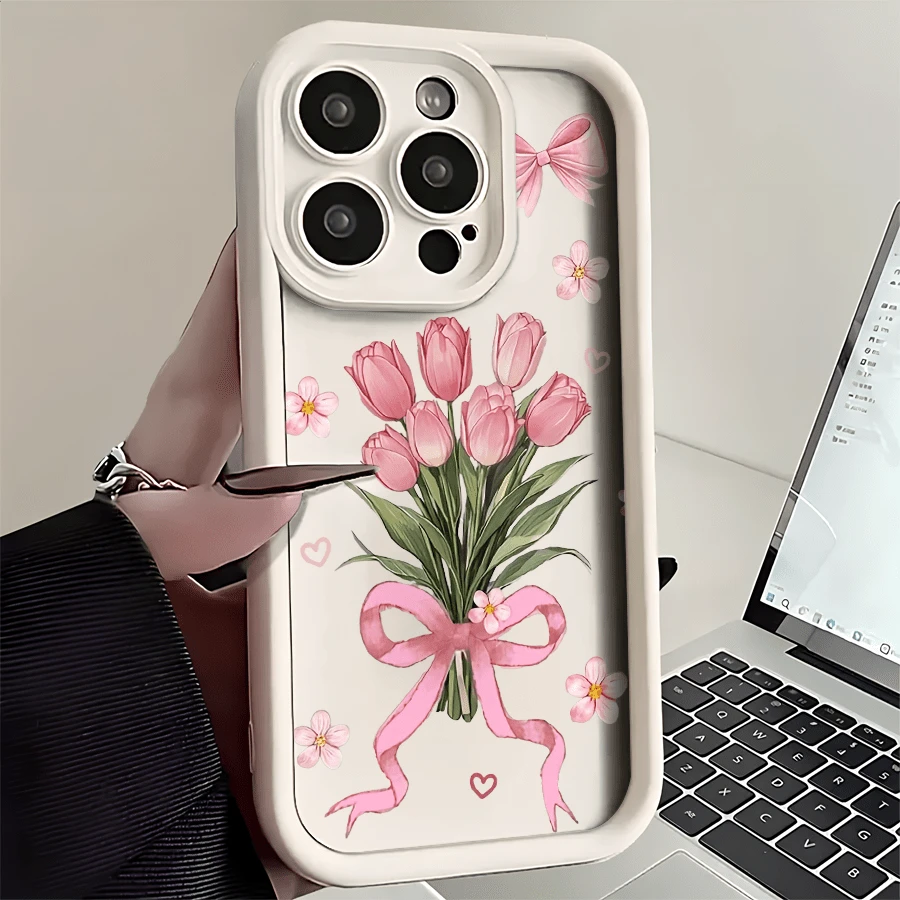 Esta funda para teléfono con estampado de tulipanes y diseño de pintura al óleo es compatible con Apple  16E/15/14/13/12/11/Pro/PLUS/Pro Max/MINI, S/A/M/NOTE, S/G/EDGE/E, Transition Spark/HANTOM/CAMON/INFINIX, Honor 400/PLAY/X/Y, OPPO Reno/A/F, 14/Redmi/POCO/NOTE y otros modelos. Está fabricada con TPU transparente, sencillo, elegante y resistente. Es una opción ideal para San Valentín, Halloween, Navidad, para uso personal o como regalo. - Blanco - Ver 1