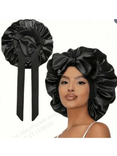 1 pieza Gorro de dormir de satén negro suave y lujoso - Cordón ajustable y decoración de lazo, diseño plisado cómodo que se ajusta a la forma de la cabeza, cuidado del cabello | Gorro de satén | Satén suave para mujeres y hombres