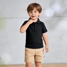 Baby Boy Black Ribbed Collar Short Sleeve Polo Shirt, Spring/Summer - Black - View 1