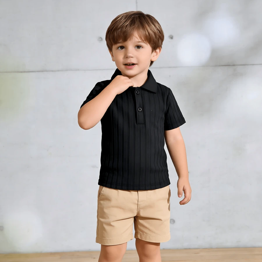 Baby Boy Black Ribbed Collar Short Sleeve Polo Shirt, Spring/Summer - Black - View 1