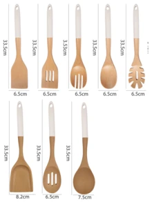 5pcs Wooden Cooking Utensil Set, Heat Resistant Non-Stick Cookware Spatula, Ladle, Slotted Spoon, Round Spoon, Slotted Spatula, Pasta Server, Salad Fork, Kitchen Tools - Multicolor - View 3