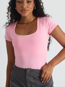 Set Of 2 Women's Bodysuits With Square Neckline And Short Sleeves, Spandex Fabric - 灰/粉紅色嬰兒 - 查看 6