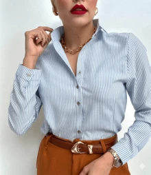 Women's Striped Dress Shirt With Buttons, Long Sleeves, - 藍色 - 查看 2