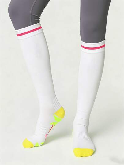 1 Pair White & Pink Striped Yoga, Fitness, Jump Rope Socks With Shock Absorption, Compression, Suitable For All Seasons