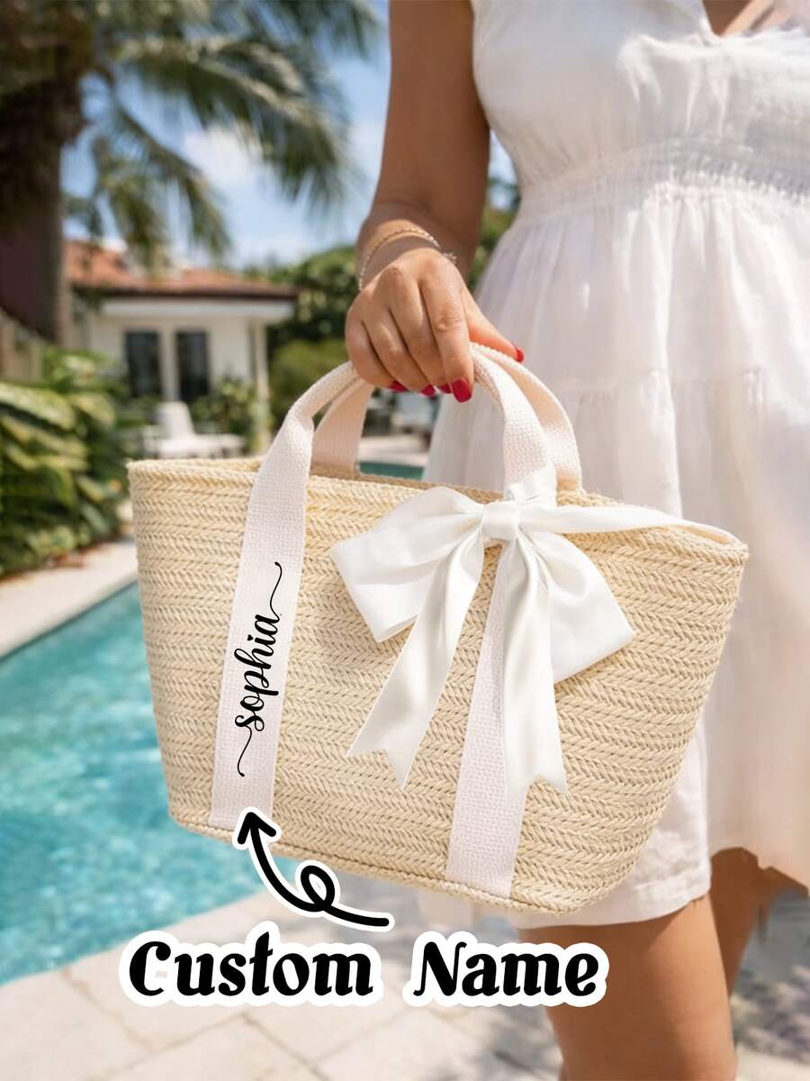 Túi tote đi biển bằng rơm in tên cá nhân dành cho nữ, túi tote cho phù dâu, túi xách đeo vai dung tích lớn, túi đeo vai du lịch mùa hè, quà tặng cho phù dâu.