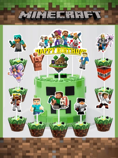  Bộ 13 món trang trí bánh sinh nhật chủ đề Minecraft với các nhân vật Steve và Alex, kèm cờ trang trí bánh, thích hợp cho các buổi họp mặt gia đình, lễ hội và tiệc sinh nhật.