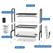 3 Tier Dish Drainer Rack With Drip Tray Cutlery Holder Plate Rack Kitchen Sink, Black - Black - View 6