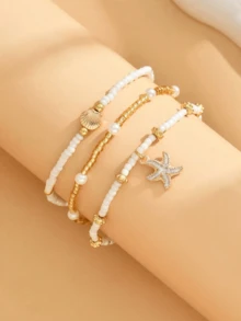 Bộ 3 chiếc vòng chân đính hạt hình sao biển và vỏ sò phong cách cổ điển, trang sức chân cho nữ, thích hợp đeo hàng ngày khi đi biển mùa hè, phụ kiện trang sức nhiều lớp. - Nhiều màu - Xem 2