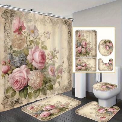 1/4 Victorian Style Polyester Bathroom Set, Including 12 Hooks, Non-Slip Mat, U-Shaped Toilet Seat Cover And Elegant Rose Pattern, In Pink, White And Green, Suitable For Home And Bathroom Decor, Machine Washable